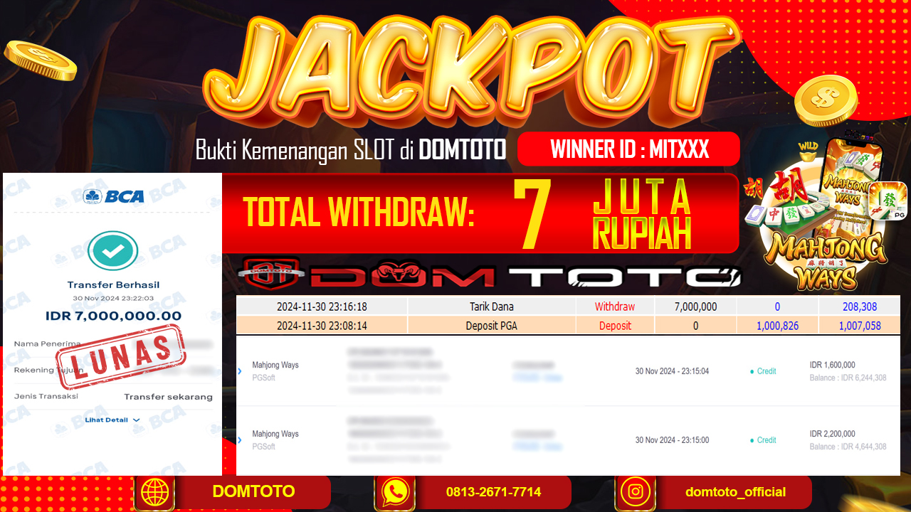 JACKPOT  SLOT MAHJONG WAYS 30 NOVEMBER 2024